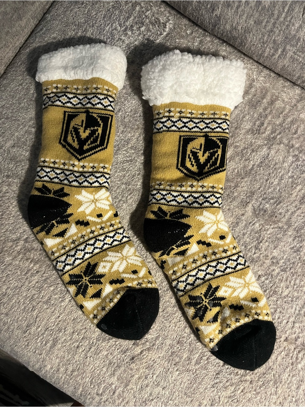 NHL Yellow, Black & White Plush Cuff Fair Isle Socks